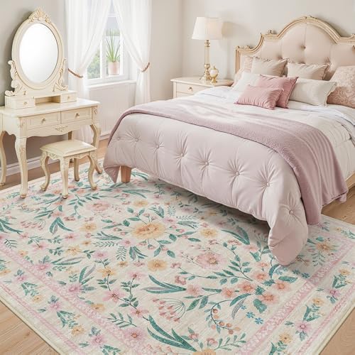 7x9 Pink Boho Floral Area Rug – Washable Non-Slip Soft Carpet - Image 4