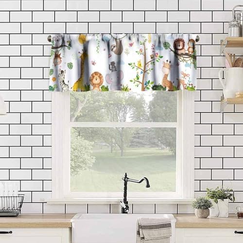 Kids Forest Animals Valance Curtains, Cartoon Elephants Giraffes, Lions Parrots - Image 4