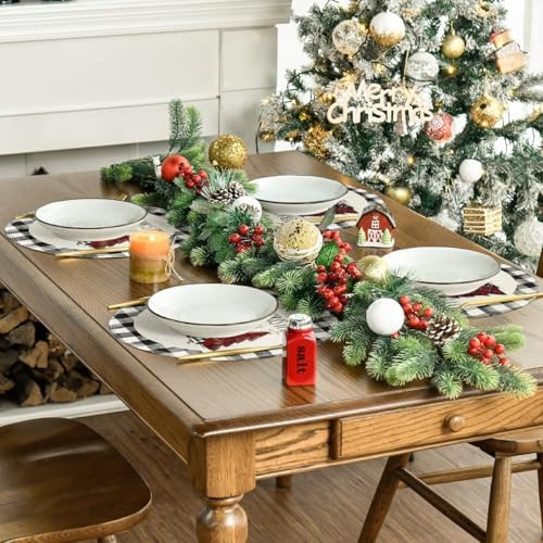 Artoid Mode Waterclor Buffalo Plaid Christmas Trees Merry Xmas Round Placemats - Image 5