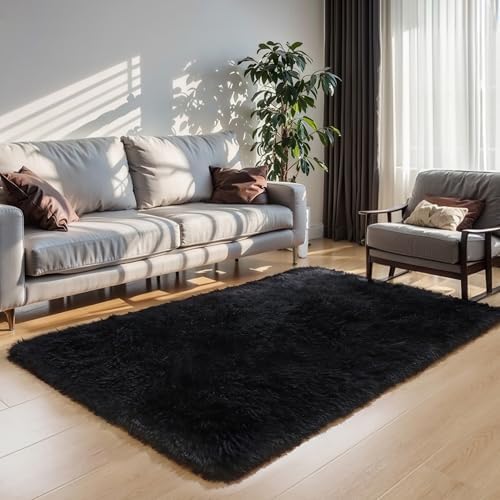 3x5 Black Fluffy Shag Rug for Bedroom, Plush Washable Carpet - Image 6