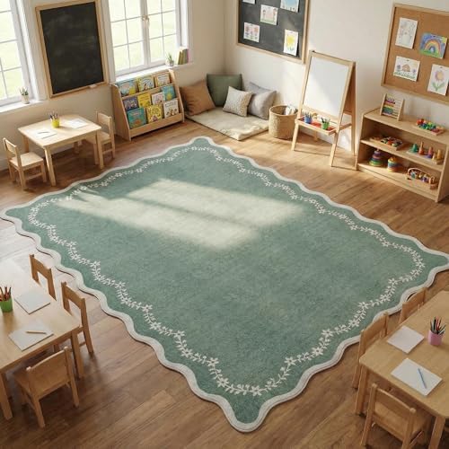 GarveeHome 4x6 Scalloped Washable Area Rug Sage Green Nursery Bedroom Rug - Image 2