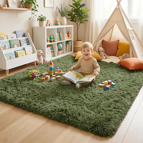 Amdrebio Olive Green Shaggy Area Rug 5x7 - Image 5