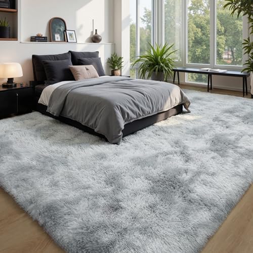 KICHOWUA Grey Tie-Dye Light Gray Fluffy 9x12 Rug Bedroom Living Room Shag - Image 6