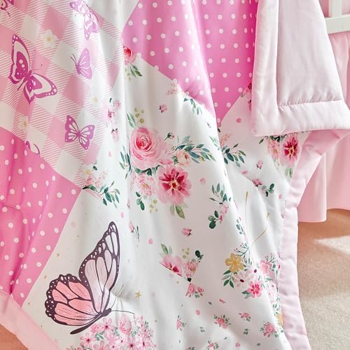 Patchwork Crib Bedding Set Butterfly Plaid Floral Design 3 Pieces Baby Girl - Image 6
