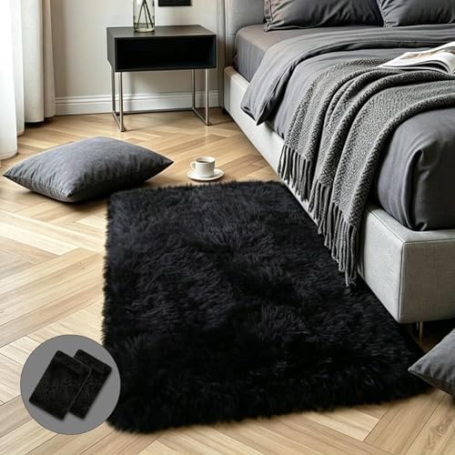 Black Fluffy Shag Rug 2x3 by KICHOWUA