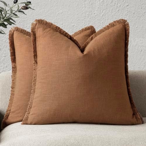Foindtower Decorative Linen Fringe Throw Pillow Covers 20×20 Orange Brown by Foindtower
