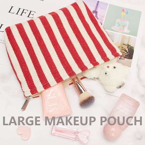 Flat Makeup Bag for Women, Zipper Cosmetic Pouch for Purse, Stripe Red - Image 6