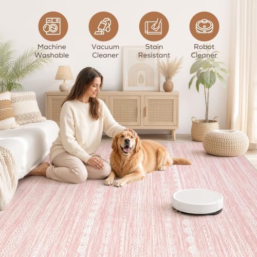 Nakagishi Boho 8x10 Area Rug Living Room Rugs Machine Washable Pink - Image 3
