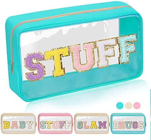 Iqimott Clear Patch Makeup Bag Stuff Pouch, Preppy Personalized Chenille Letter by Iqimott
