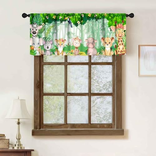 Woodland Nursery Window Valance, Cartoon Jungle Lion Elephant Retro Safari - Image 2