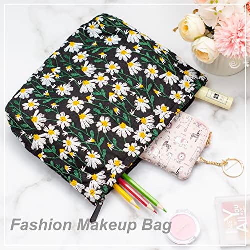 Flat Makeup Bag for Women, Zipper Cosmetic Pouch for Purse, Daisy Black - Image 4