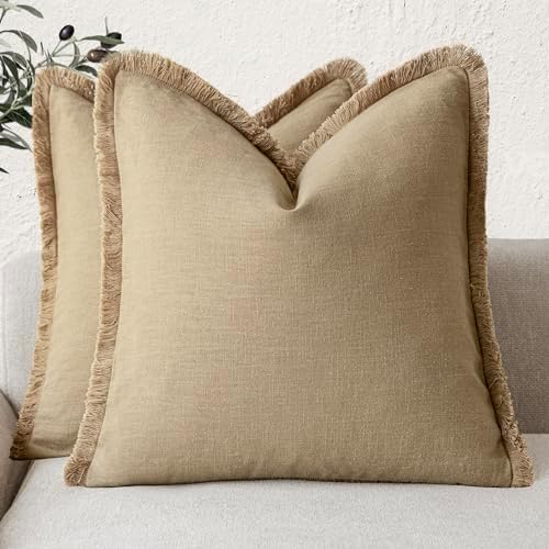 Foindtower Decorative Linen Fringe Throw Pillow Covers 18×18 Light Khaki by Foindtower