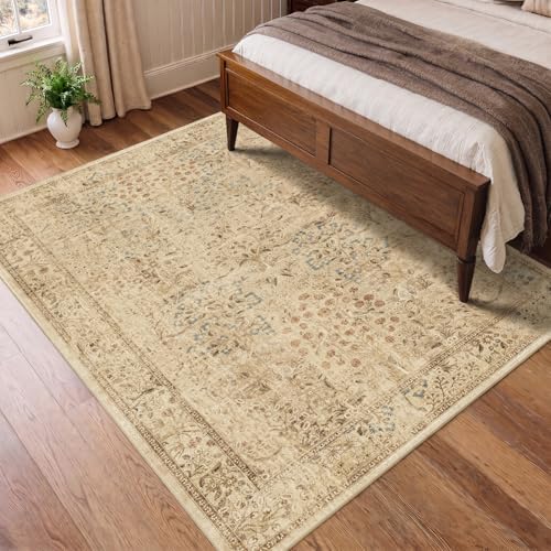 Neutral Tan Floral Area Rug 5x7, Vintage Farmhouse Carpet - Image 3