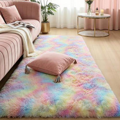 KICHOWUA KCHOWUA Rainbow Unicorn Thick Fluffy Fuzzy Rug 2x6 by KICHOWUA