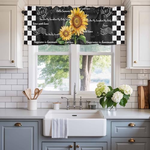 Buffalo Plaid Valance Curtains For Windows, Farmhouse Sunflower Rod Pocket - Image 2
