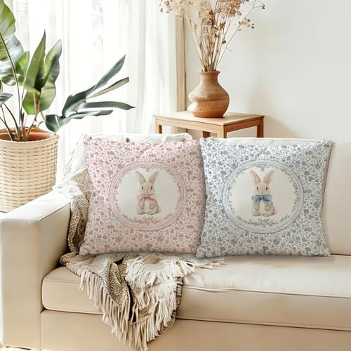 Pink and Blue Chinoiserie Easter Bunny Pillow Covers 18x18 Set of 2, Coquette - Image 4