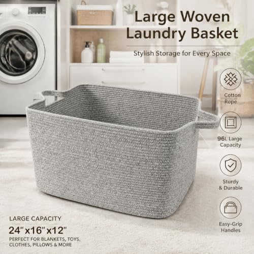 96L Woven Laundry Basket with Handles, Extra Blanket Basket - Image 4