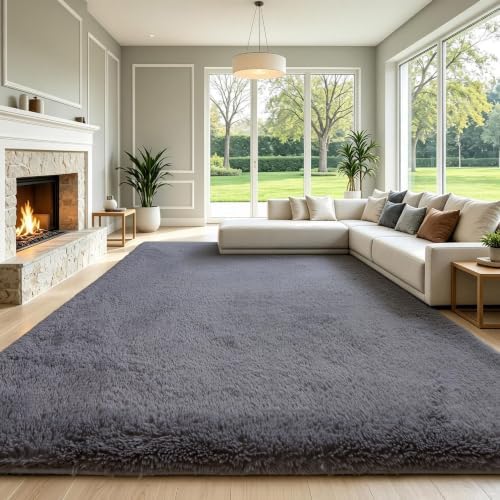 KICHOWUA Grey Fluffy 9x12 Area Rug Bedroom Living Room Soft Washable Shag by KICHOWUA
