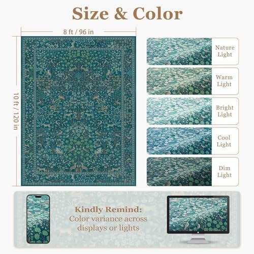 Woodland Animal Washable Rugs 8x10, Teal Tree of Life Floral Animal Rugs - Image 2