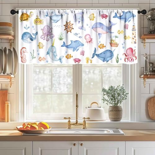 Kids Cartoon Window Valance, Cute Ocean Fish Shark Underwater Tropical Fish - Image 3