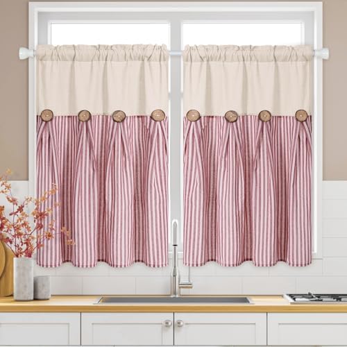 ASPMIZ Linen Kitchen Curtains 24 Inch Length, Farmhouse Boho Button Kitchen - Image 2