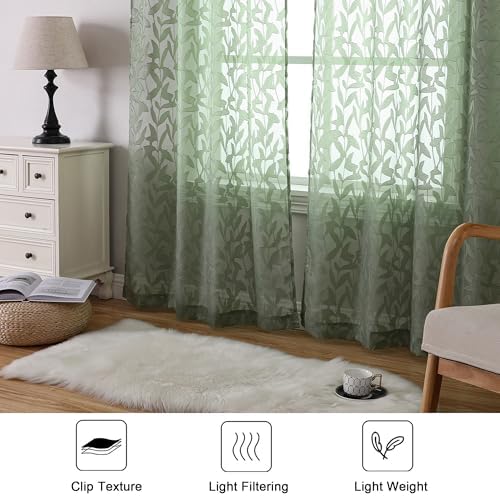 Lecloud Leia Sage Green Sheer Curtains 90 Inches Long 2 Panels, Airy Voile - Image 3