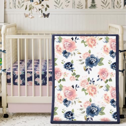 Hahafelt 3 Pcs Navy and Pink Floral Crib Bedding Set by Hahafelt