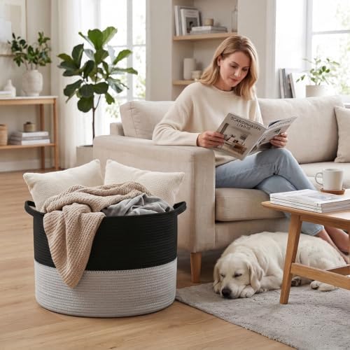 90L Large Blanket Basket, Woven Laundry Basket-Black&Light Grey - Image 4