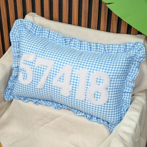 Personalized Frilly Punch Needle Name Throw Pillow – Custom Embroidered Gingham - Image 2