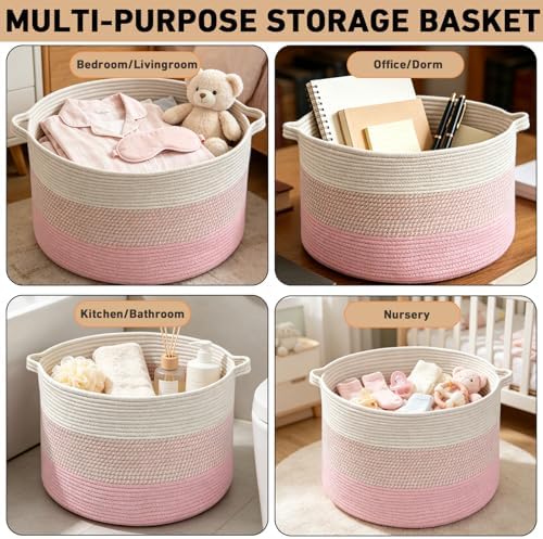 65L Large Blanket Basket, Woven Rope Laundry Basket-Mixed Pink - Image 6