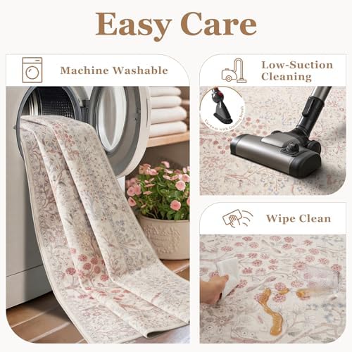 Cream Girls Room Rug 5x7, Low Pile Thin Baby Girl Nursery Rug, Floral Animals - Image 6