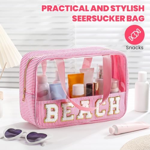 Sanwuta Seersucker Beach Bag Chenille Letter Clear Sunscreen Makeup Bag - Image 4