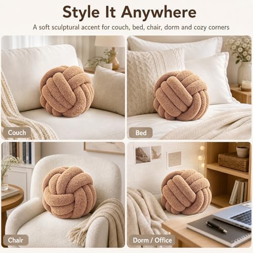 Petrella Khaki Knot Pillow Ball, 11 Inch Round Decorative Pillow - Image 3