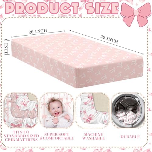 Peryiter 4 Pack Crib Sheets for Baby 52'' X 28" Pink Bow Crib Sheet - Image 2