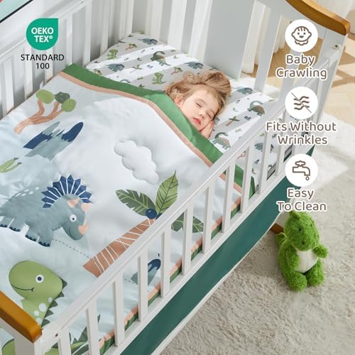 Dinosaur Mini Crib Bedding Set for Boys Green Premium 3-Piece Baby Bedding - Image 4