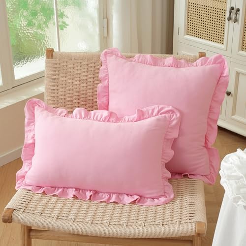 Set of 2 Blush Pink Ruffled Throw Pillow Covers 18x18 Inch, Solid Color - Image 3