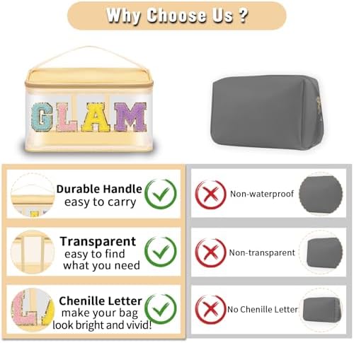 Chenille Letter Clear Makeup Bags Glam Pouch, Preppy Patch Makeup Bag Zipper - Image 4