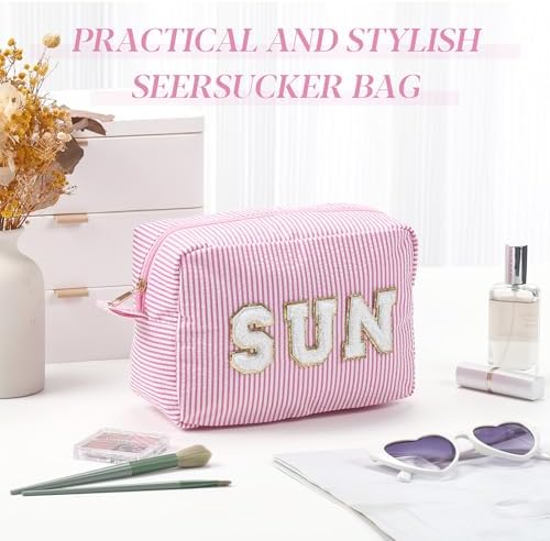 Sanwuta Seersucker Cosmetic Bags Sun Bags Stripe Preppy Cosmetic Bag Sunscreen - Image 5