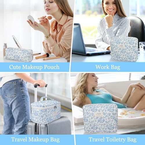 Gosect 3PC Makeup Bag Set, Quilted Makeup Bag, Large Floral Cosmetic Bag - Image 6
