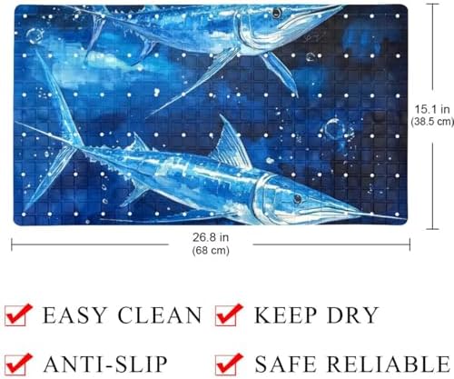 Bathtub Mat Non Slip 26.8x15.1In, Swordfishes Ocean Bath Mat - Image 4