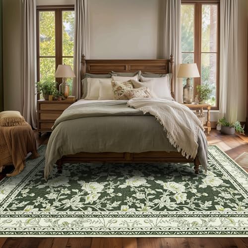 Olive Green Rug 6x9 for Dining Room Sketch Patterned Washable Area Rugs - Image 3