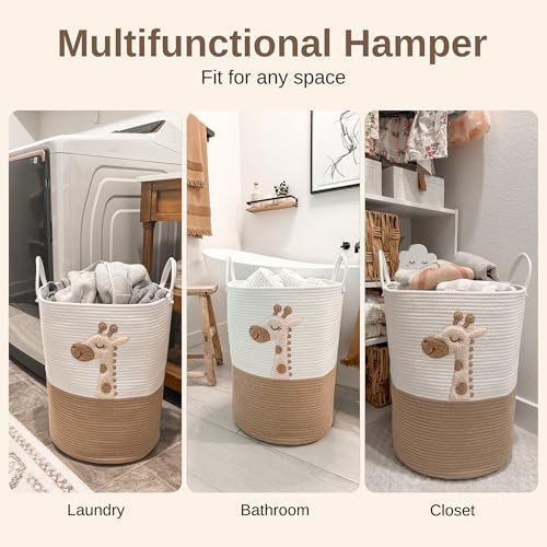 Giraffe Baby Laundry Basket, Tall Woven Rope Nursery Hamper, 20x15 in - Image 3