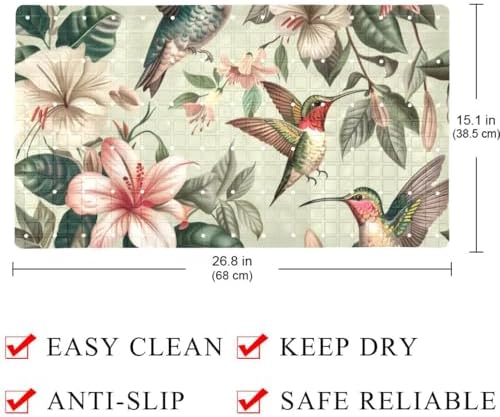 Bathtub Mat Non Slip 26.8x15.1In, Hummingbird Floral Bath Mat - Image 4