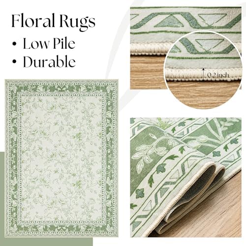 BILEEHOME Light Green Floral Rug 5x7 Boho Modern Washable Rugs - Image 6
