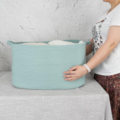 XUANGUO Large Rectangle Woven Cotton Rope Blanket Basket 22"x17"x12" Green - Image 3