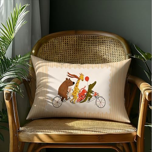Cute Jungle Animal Bike Striped Print Pillow Cover 20x12, Whimsical Animal - Image 4