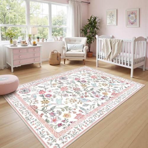 Rugalia Washable Floral Area Rug, 4x6 Pink Girls Bedroom Rug Soft Non-Slip - Image 6