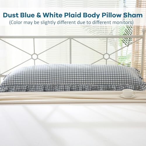 Dust Blue White Gingham Ruffle Body Pillow Cover 20"x54" - Image 2