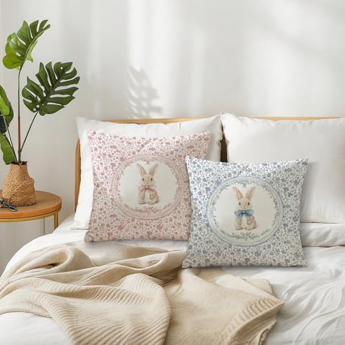 Pink and Blue Chinoiserie Easter Bunny Pillow Covers 18x18 Set of 2, Coquette - Image 5