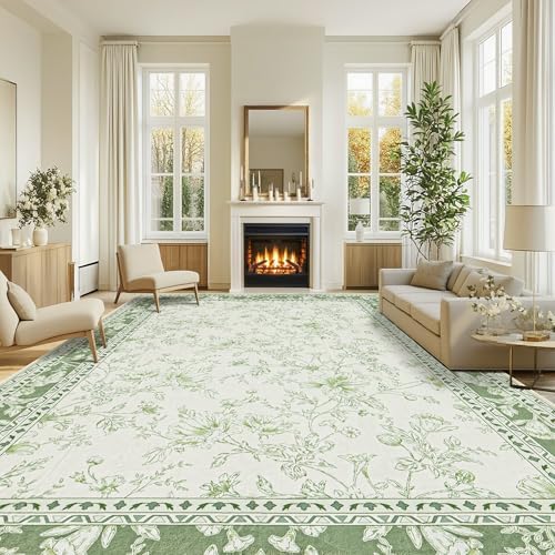 Green Boho 9x12 Rug Living Room Extra Large Washable Non Slip Soft Carpet by BILEEHOME